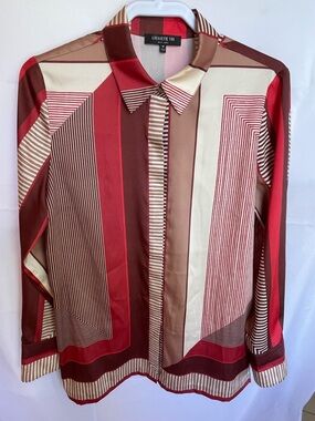Lafayette 148 New York Geometric Blouse Size M Designer Career Top Silk Feel